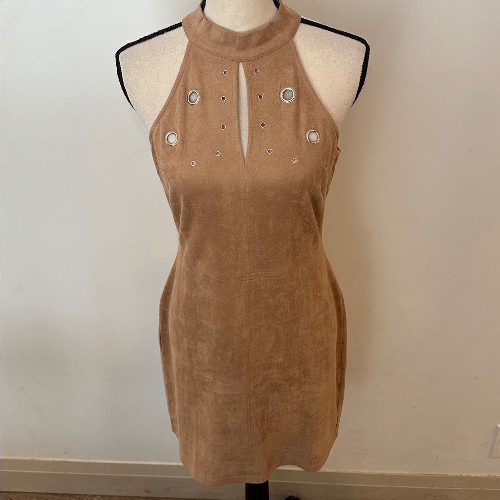 Allie Rose Tan Halter Dress Western Boho Large Faux Suede Cutouts Mini